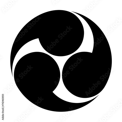 Japanese tomoe symbol, the left threefold Mitsudomoe. A swirl of three commas or tadpoles, circumscribed in a circle. Widely used for or emblems, banners, rituals, festivals and in Shinto shrines. photo