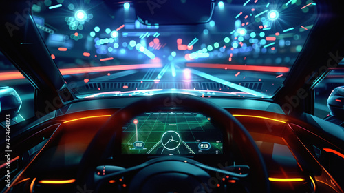 Interior of self driving car with digital dashboard. Navigating the nighttime landscape with speed and precision, embracing modern automotive technology for a seamless journey through the cityscape