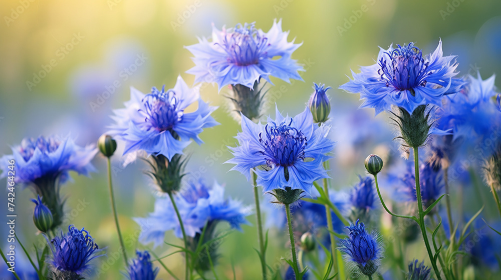 Fototapeta premium Field of blue cornflowers. Photo background. Neutral background with copyright.