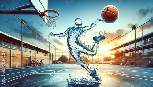 A dynamic basketball player made entirely of water executes a slam dunk on an outdoor court at sunset, merging sports and art in a creative visual.Artistic representation of sport. AI generated. photo