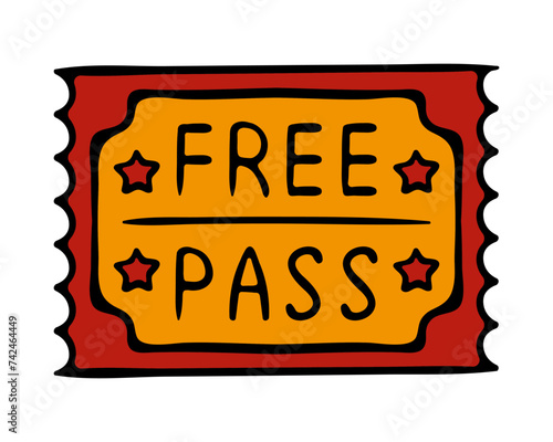 Free pass. Coupon, check, reservation, guarantee, event, transport, travel card, plane, bus, public, buy in advance, book, ticket, special, colorful, stars. Vector illustration