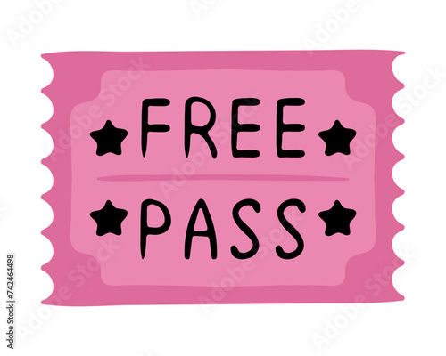 Free pass. Coupon, check, reservation, guarantee, event, transport, travel card, plane, bus, public, buy in advance, book, ticket, special, colorful, stars. Vector illustration