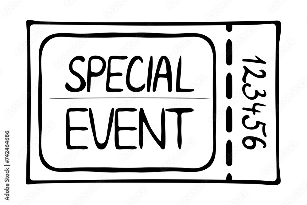 Special event. Coupon, check, reservation, guarantee, transport, travel card, plane, bus, public, buy in advance, book, ticket, free pass, black and white, personal number. Vector illustration