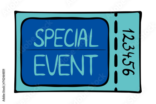 Special event. Coupon, check, reservation, guarantee, transport, travel card, plane, bus, public, buy in advance, book, ticket, free pass, colorful, personal number. Vector illustration