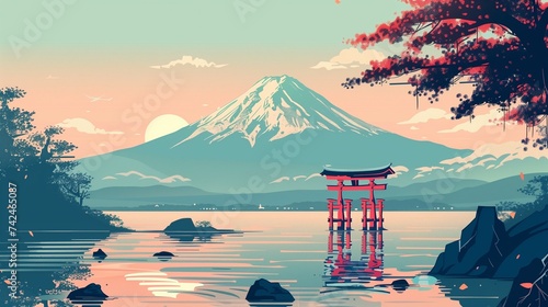 Mount Fuji at sunset. Colorful illustration of Japan's famed peak with a torii gate, cherry blossoms, and a calm lake reflecting the vibrant hues of dusk. photo