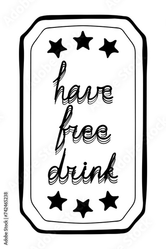 Have a free drink. Coupon, check, reservation, guarantee, transport, travel card, plane, bus, public, buy in advance, book, ticket, pass, black and white, stars, special event. Vector illustration