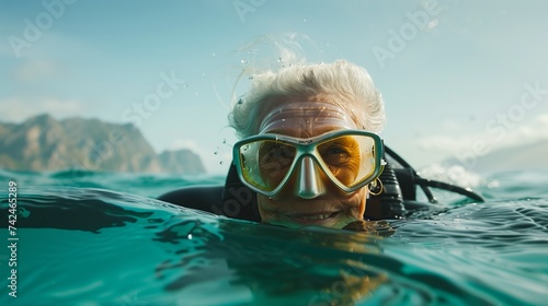 Senior woman diver in the ocean, wearing diving goggles and a wetsuit. The image captures the adventurous spirit with a clear view of her eyes through the mask and the ocean landscape