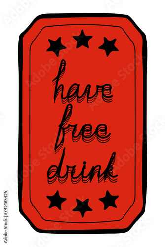 Have a free drink. Coupon, check, reservation, guarantee, transport, travel card, plane, bus, public, buy in advance, book, ticket, pass, colorful, stars, special event. Vector illustration