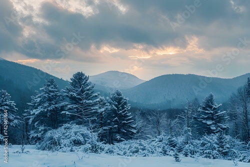 A wintry scene with snowcovered trees and mountains under cloudy skies. Concept Winter Landscape, Snow-Covered Trees, Mountains, Cloudy Skies