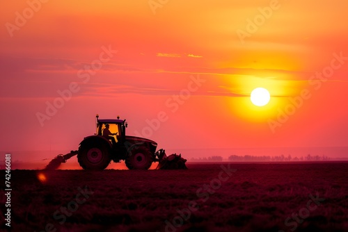 silhouette of farmer on tractor fixed with harrow plowing agriculture field soil during dusk and orange sun setting down in sky