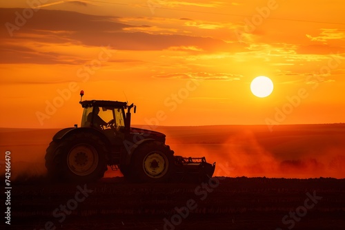 silhouette of farmer on tractor fixed with harrow plowing agriculture field soil during dusk and orange sun setting down in sky