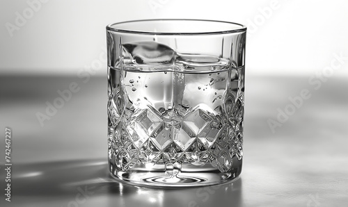 Transparent glass with clear drink and ice cubes.