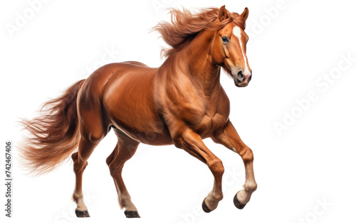 Brown Horse Galloping. A brown horse is energetically galloping its mane flowing behind as it moves swiftly. The horses muscles are tense  showcasing its power and agility as it runs.