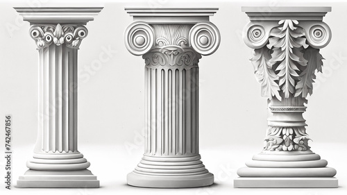 Antique broken Greek columns. Ancient Roman pillar. Building design elements. Cartoon illustration.
