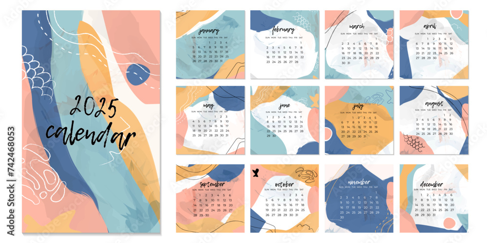 2025 Trendy modern square calendar design for business. Cute printable creative template with abstract elements for 12 months. Abstract background in trendy colors.