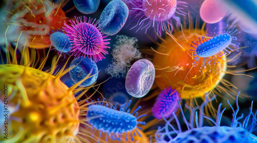 A detailed colorful illustration of diverse microbial life as seen through microscopy.