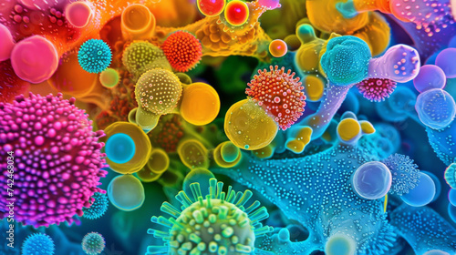 Colorful digital illustration of various microscopic organisms and cells in high detail. © MastersedZ