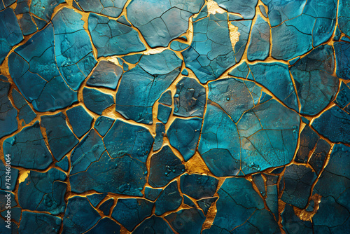 blue art wallpaper with a gold tile background, in the style of glass fragments art, high detailed, cracked, dark turquoise and light bronze, shaped canvas, mosaic-like,