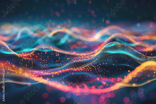 Abstract waves of particles in vibrant colors against a dark backdrop.