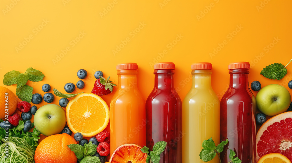 Flat lay composition with bottles of delicious juices and fresh ingredients on orange background Flat lay composition with bottles of delicious juices and fresh ingredients on orange background