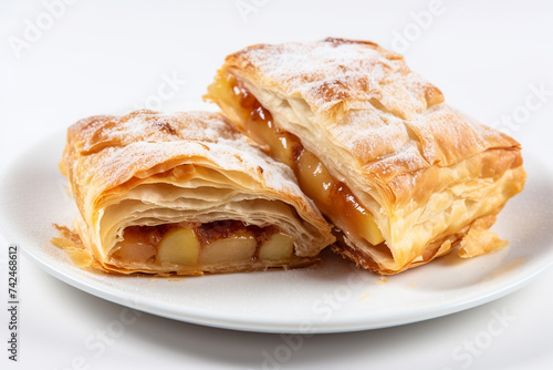 Yummy apple strudel with fried crust, Exquisite flavor combination of apple and cinnamon. Neutral background.