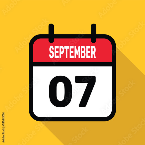 September 7. Calendar icon. Flat vector illustration with long shadow.