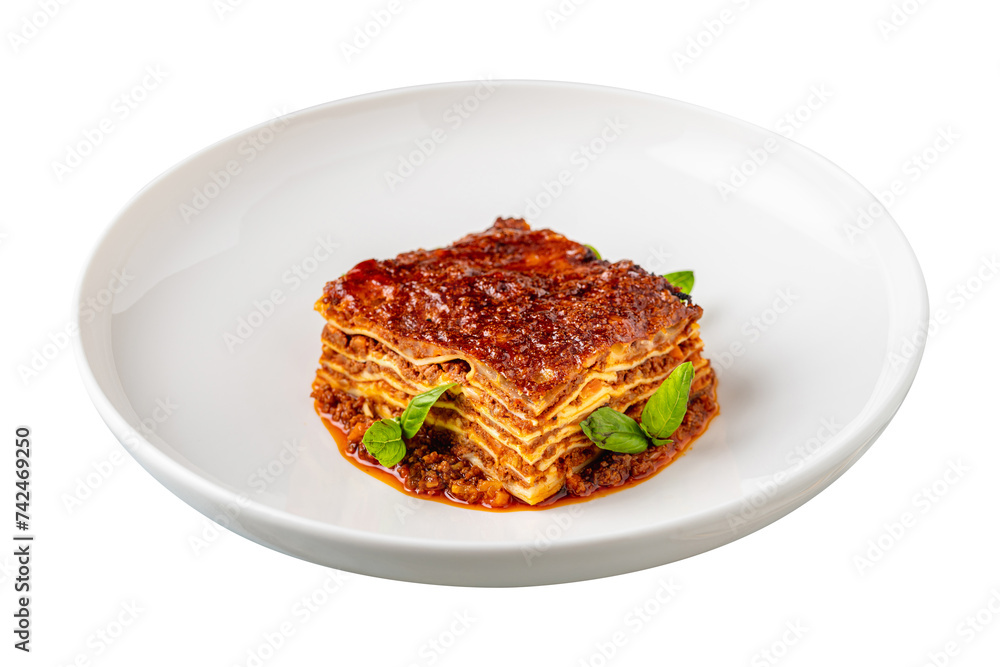 Bechamel sauce and minced meat lasagna on white background Bechamel sauce and minced meat lasagna on white background