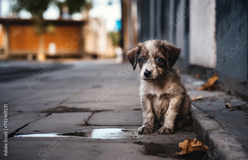 A small puppy dog sitting along footpath street road, a concept photo for stray dog adoption