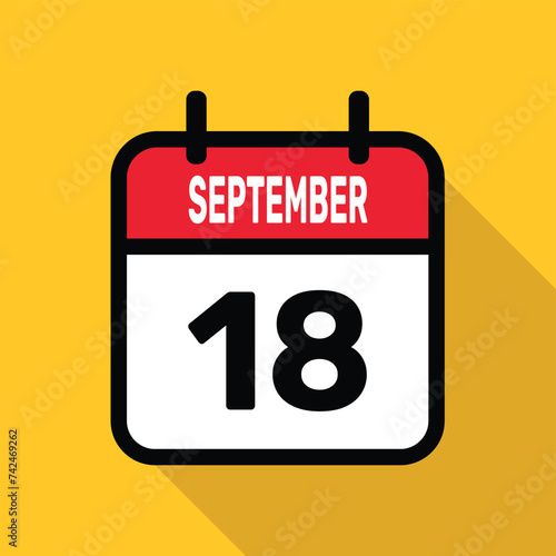 September 18. Calendar icon. Flat vector illustration with long shadow.