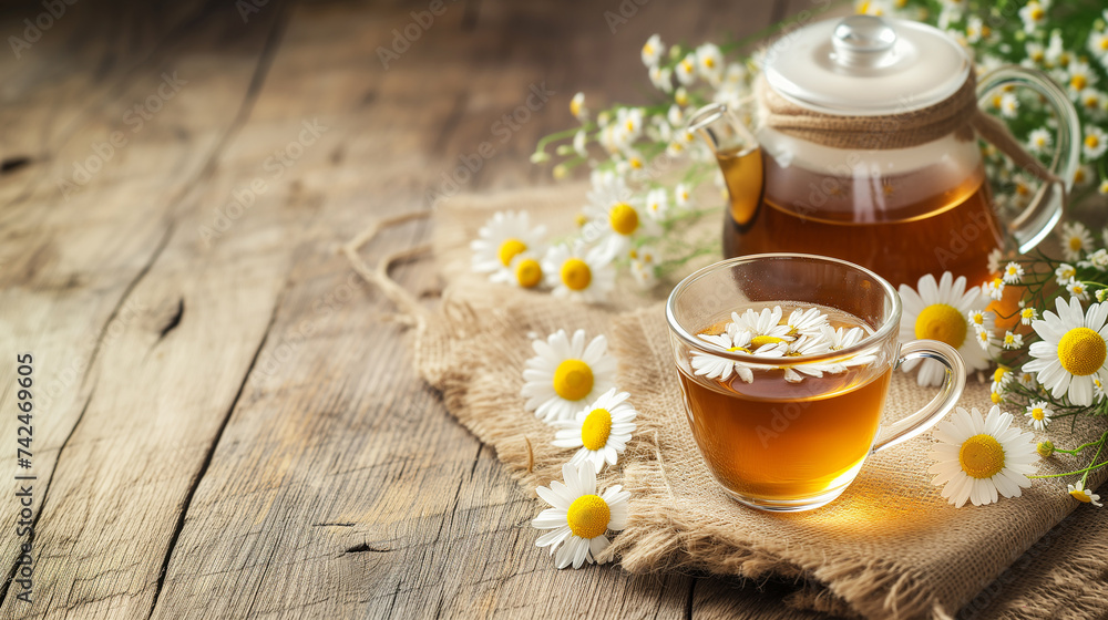 Cup of chamomile tea and teapot Cup of chamomile tea and teapot