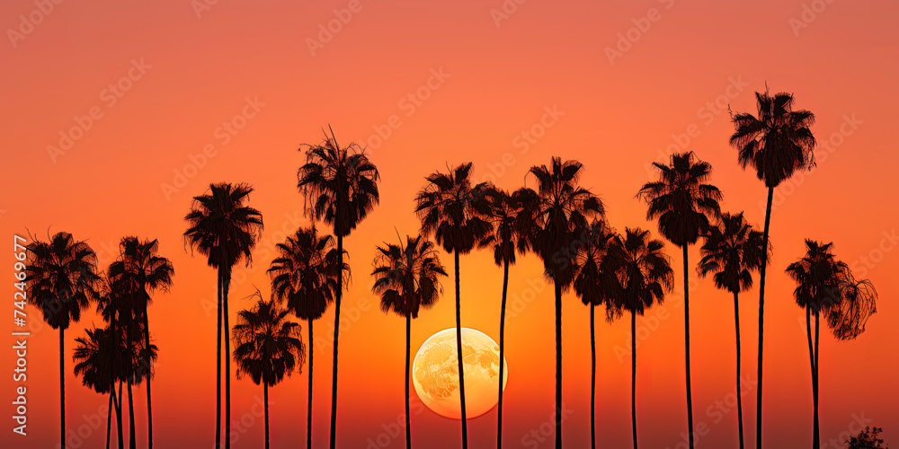 Palms noticed at sunset, as if playing in a dance with the last rays of the - obrazy, fototapety, plakaty 