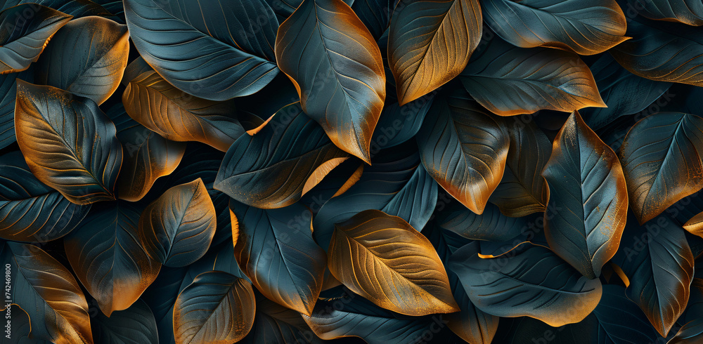 this is a golden leaf and black background design, in the style of dark gray and aquamarine, highly realistic, realistic color schemes, repetitive, exotic, nature-inspired - obrazy, fototapety, plakaty 