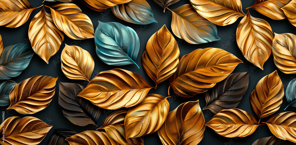 this is a golden leaf and black background design, in the style of dark gray and aquamarine, highly realistic, realistic color schemes, repetitive, exotic, nature-inspired this is a golden leaf and black background design, in the style of dark gray and aquamarine, highly realistic, realistic color schemes, repetitive, exotic, nature-inspired