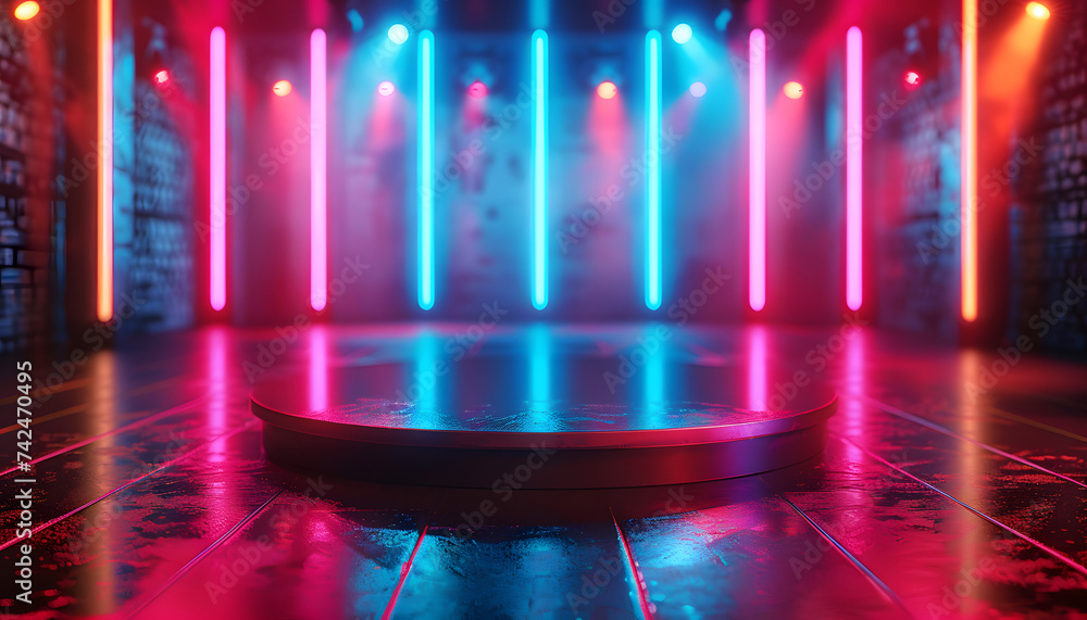 Empty round podium with neon lighting in a dark room. Modern showcase with pink and blue lights. Design for product display, advertisement, presentation