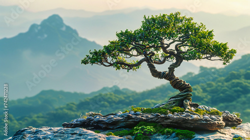 Serene Nature Landscape, Ancient Tree on Rocky Terrain, Mystical Forest Environment, Timeless Natural Beauty