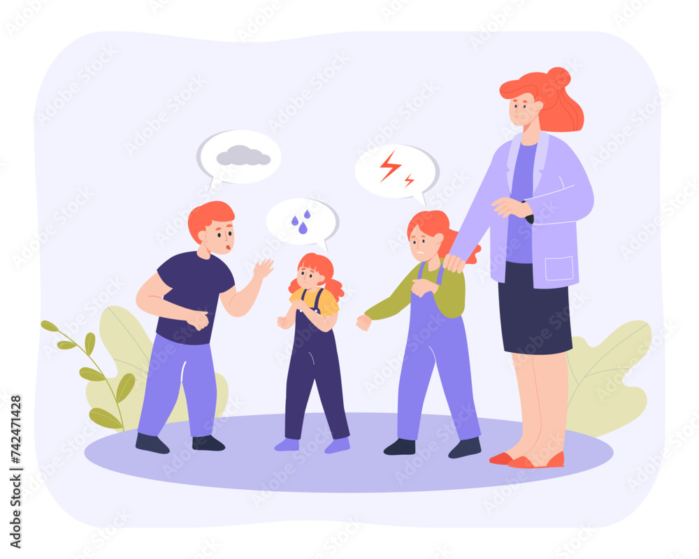 More siblings worsening mental health vector illustration. Older brother laughing at younger sister, older sister offending little sister. Mother confused. Family conflict between brother and sisters 