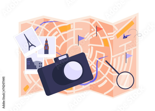Tourist map with destination points vector illustration. Photocamera and pictures of famous world landmarks. Exploring local attractions, tourism, travelling concept