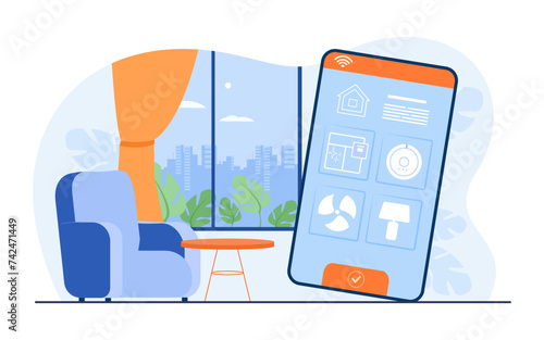 Huge smartphone with smart home application vector illustration. Modern house with functions to turn on light, fan, start cleaning. Internet of things, modern technology concept
