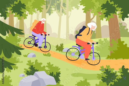 Senior couple riding bicycles vector illustration. Old man and woman with backpacks cycling through forest. Senior travelers, tourism, lifestyle concept