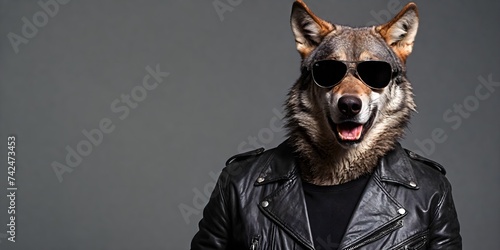 Portrait of a wolf in sunglasses and a leather jacket on a dark background. Advertising banner with copy space. Creative animal concept.