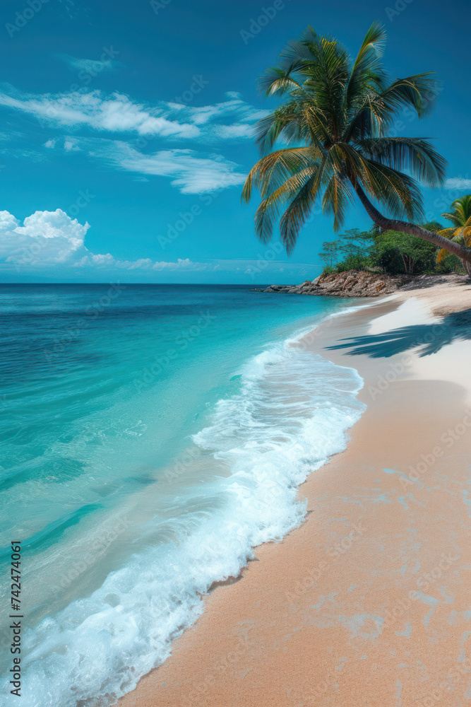 Tropical Beach Paradise with Palm Trees by the Caribbean Sea, White Sand, and Clear Blue Sky – a Relaxing Summer Getaway Tropical Beach Paradise with Palm Trees by the Caribbean Sea, White Sand, and Clear Blue Sky – a Relaxing Summer Getaway