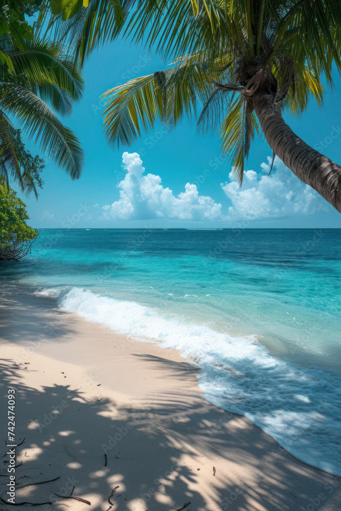 Palm-fringed Beachscape by the Turquoise Ocean, a Tropical Paradise with Trees, Sand, and Azure Sky – Ideal Vacation Destination