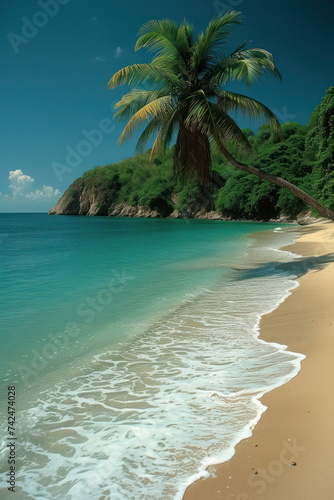 Tropical beach scene with palm trees  crystal-clear sea  and golden sand under a sunny sky     a serene paradise for a perfect summer vacation getaway