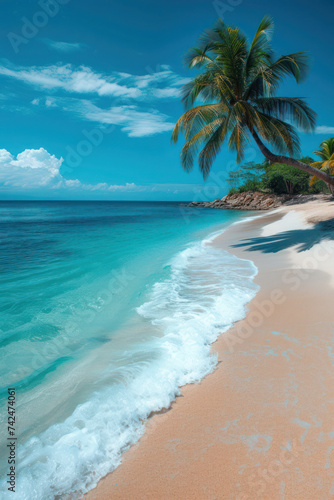 Tropical Beach Paradise with Palm Trees by the Caribbean Sea, White Sand, and Clear Blue Sky – a Relaxing Summer Getaway