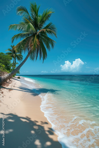 Tropical Beach Bliss: A stunning seascape with palm trees lining the sandy coast, waves gently kissing the shore, and a clear blue sky, creating a picturesque tropical paradise
