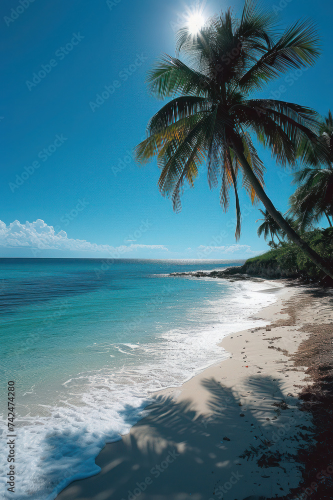 Tropical beachscape with palm trees, azure sea, and golden sand, creating a serene island paradise perfect for a relaxing summer vacation in the Caribbean