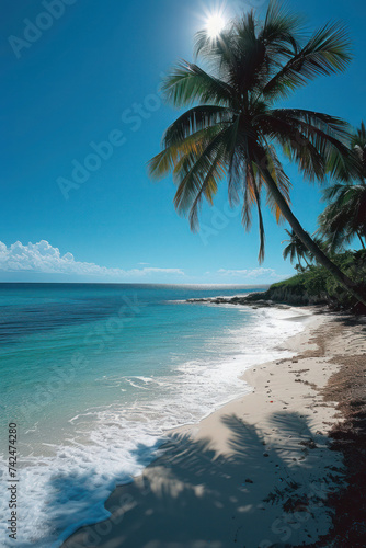 Tropical beachscape with palm trees, azure sea, and golden sand, creating a serene island paradise perfect for a relaxing summer vacation in the Caribbean