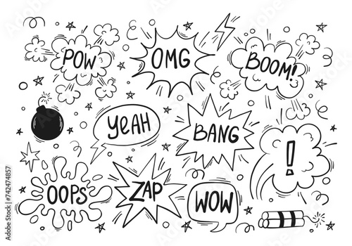 Hand drawn set of comics bombs and explosions in doodle style. Speech bubbles with words pow, wow, bang and omg. Vector illustration