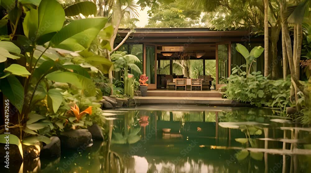 Abstract animation of a backyard pond. Plants, wooden furniture ...