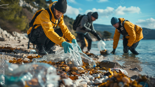 Water enthusiasts cleaning up beach trash for leisure and adventure photo
